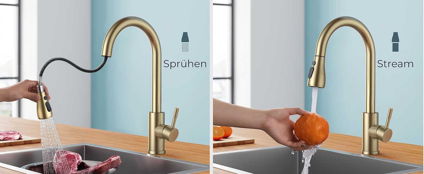 Кран кухонний FORIOUS з висувною лійкою, 360° обертання, 2 режими, шліфоване золото