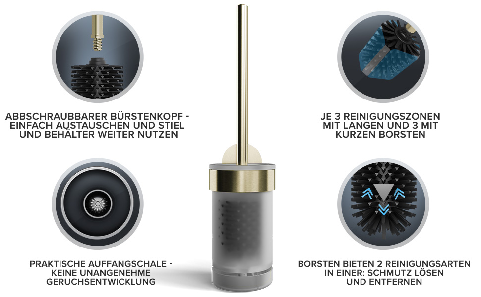 Набір для чищення унітазу Ovimar Finnkona: щітка, кріплення на стіну без свердління, силіконова щітка, вентиляція, нержавіюча сталь з порошковим покриттям, змінний насадок (золотий, клейкий)