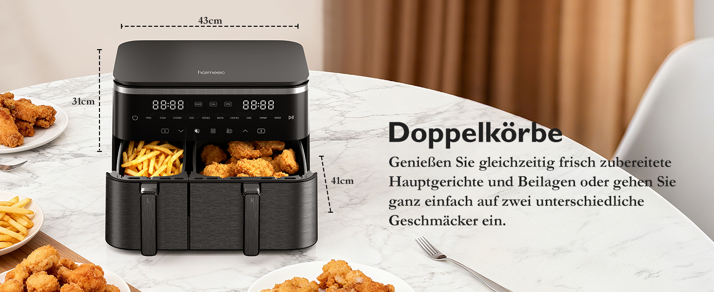 Електрична фритюрниця повітряна 11л, 2 камери з грилем, 10-в-1, без олії, з нагадуванням про струшування <60дБ, з антипригарним покриттям, 78 рецептів