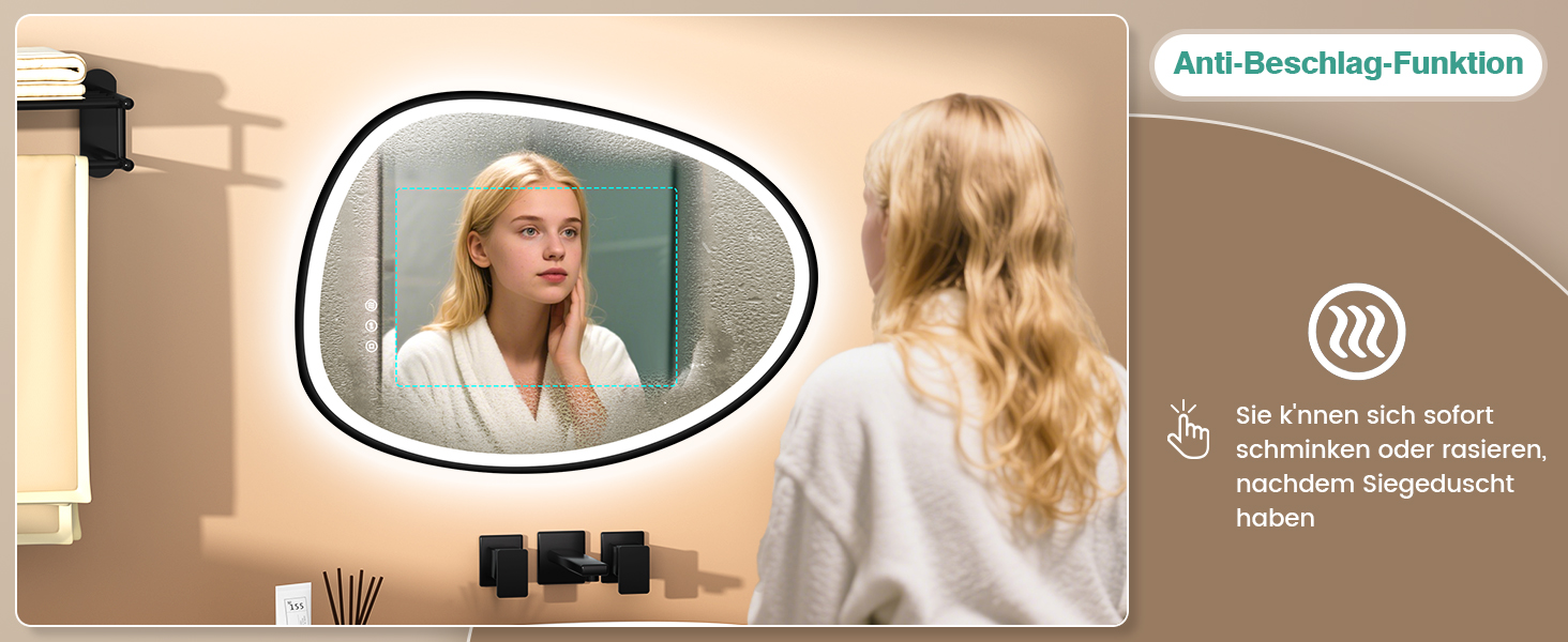 Дзеркало з підсвіткою, асиметричне LED, 75x55 см, з сенсорним вимикачем, антизапар, 3 кольори світла, регулювання яскравості, функція пам'яті, чорний (горизонтальне/вертикальне)