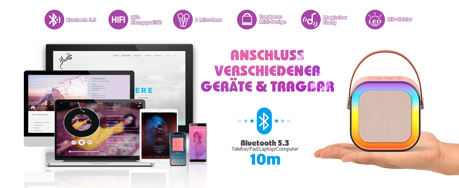 Караоке машина для дітей 3-12 років Dislocati з 2 мікрофонами Bluetooth, рожева. Портативна музична іграшка зі світлодіодами для вечірок