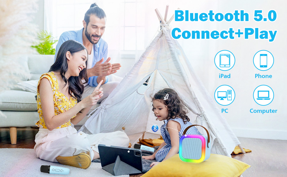 Портативна караоке-машина для дітей та дорослих з 2 бездротовими мікрофонами. Караоке-система з мікрофонами, блакитна. Подарунок для дівчаток віком 4-12 років.