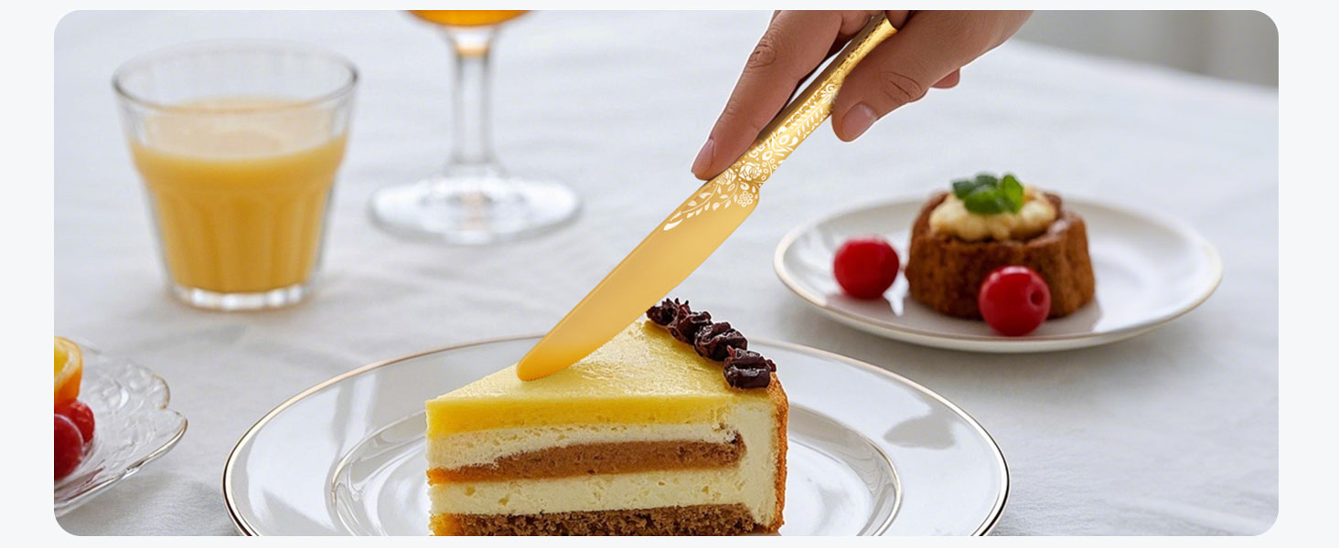 Набір столових приборів на 6 осіб HONKKU, нержавіюча сталь, з ножами для стейку, миючий посуду, з квітковим візерунком (30 предметів, золотий)