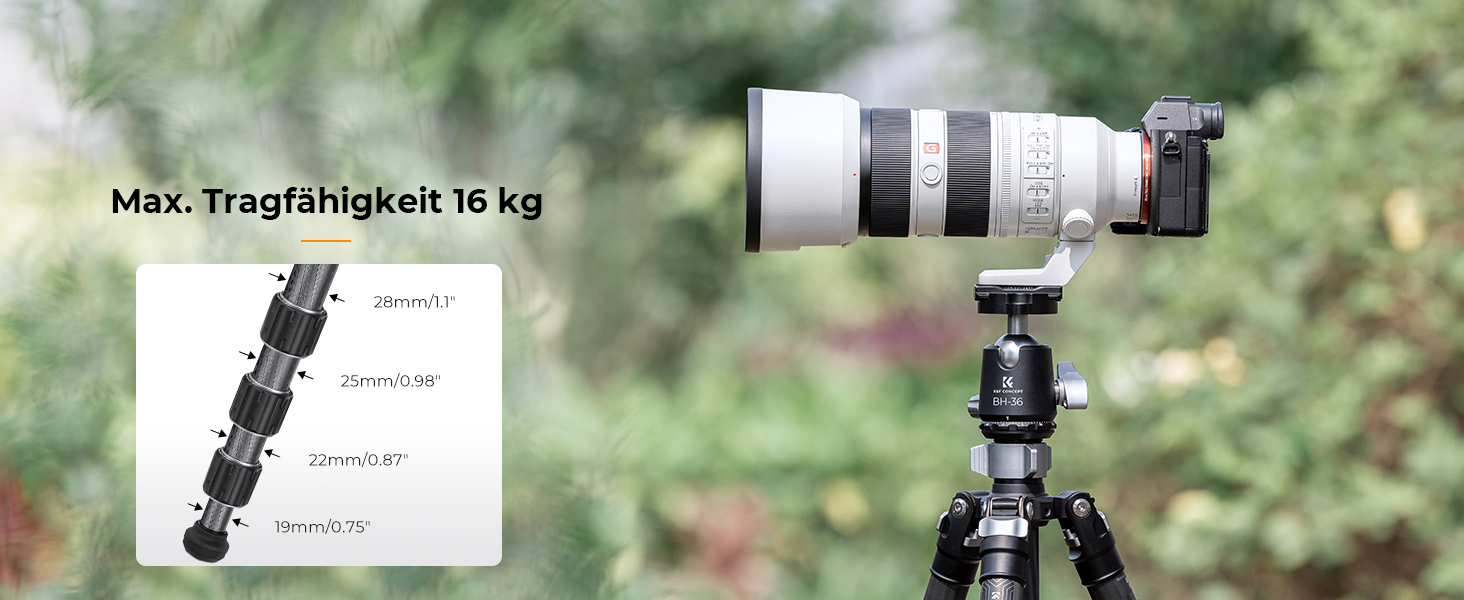 Штатив для камери K&F Concept 156cm з вуглецевого волокна, компактний, знімний монопод, кульова головка 360°, вантажопідйомність 15 кг, A255C2+BH-36L