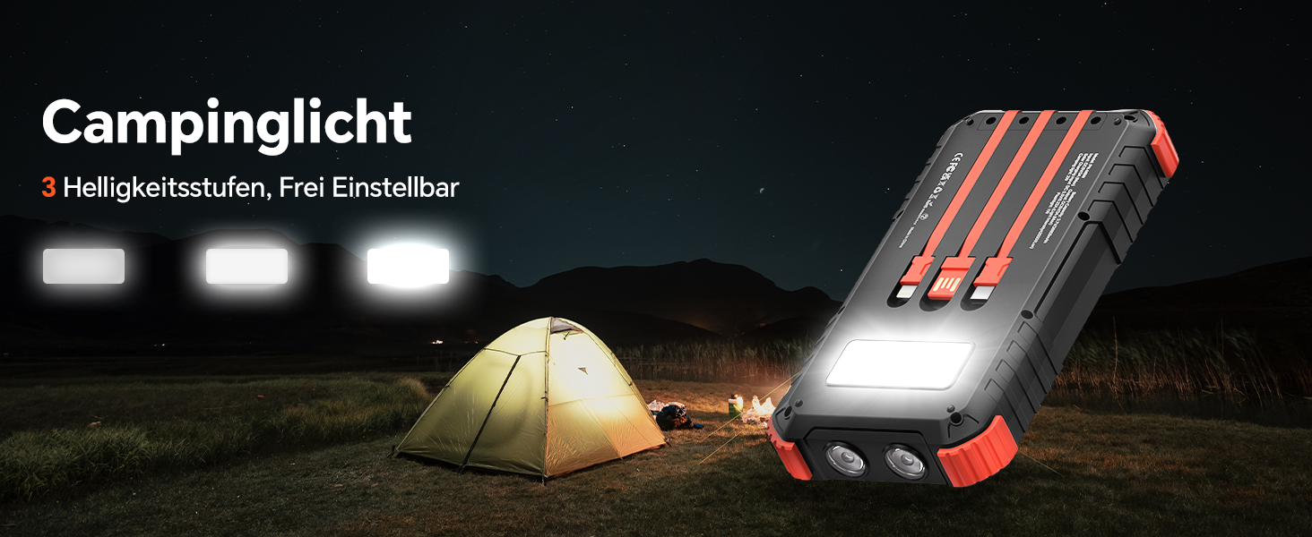 Сонячний Power Bank 26800mAh з PD15W, USB-C, 5 виходів, 3 входи, водонепроникний, з 3 кабелями, 2 ліхтариками та карабіном для кемпінгу, оранжевий