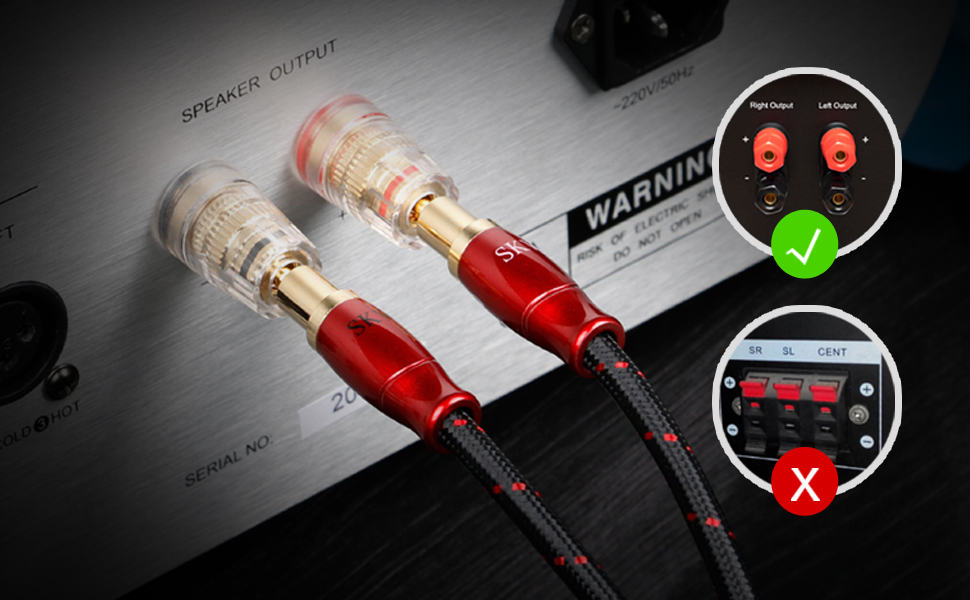 Комплект акустичних кабелів SKW 2м (пара), 14 AWG OFC мідь, екрановані, з позолоченими банановими та гвинтковими роз'ємами, у бавовняному обплетенні, червоні