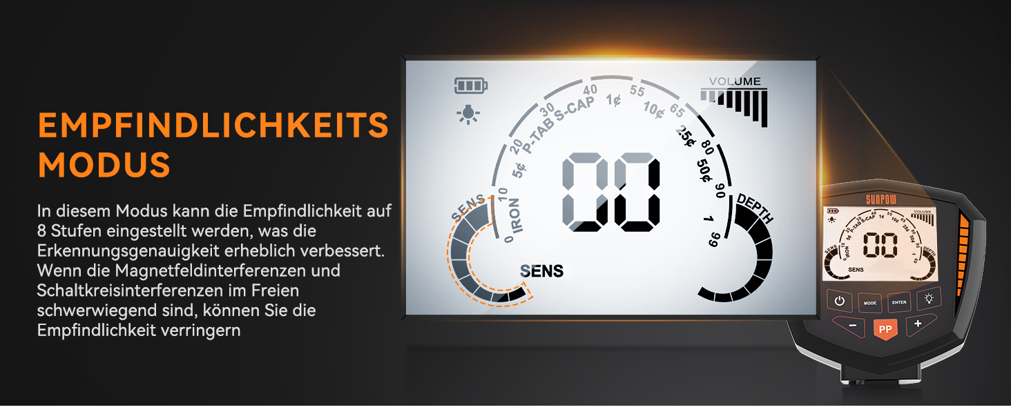 Металошукач SUNPOW – 5 режимів, професійний для дорослих, з Pinpointer, водонепроникний IP68, 30см котушка, 2 HD-LCD дисплеї, DSP-чип, регульований стержень, міцна спіральна структура, повний комплект (OTMD07)