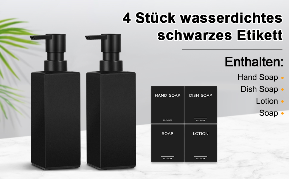 Дозатор для мила GMISUN для ванної кімнати та кухні, 350 мл, чорний скляний диспенсер з піддоном та водонепроникними етикетками (2 шт)