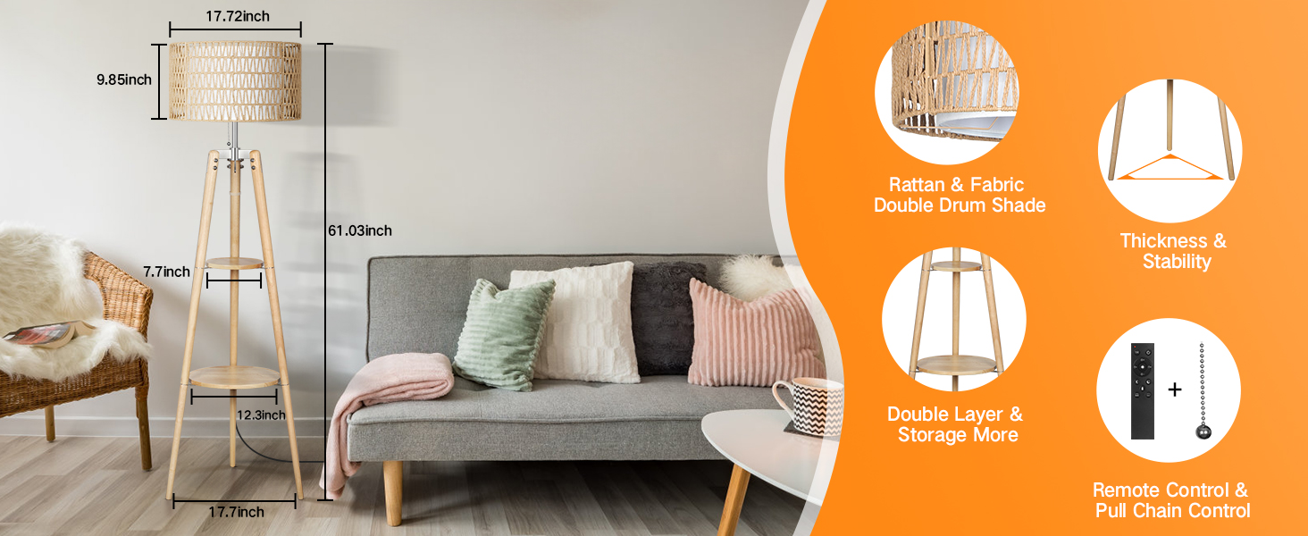 LED торшер Outon з трьома ніжками, регульоване освітлення, полиця, пульт, 4 режими кольору, таймер, 2 плафона, для вітальні/спальні (дерев'яний)