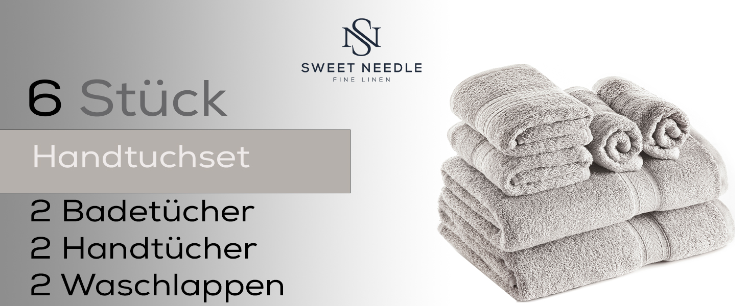 Набір рушників Sweet Needle 6 предметів (2 банні, 2 для рук, 2 для обличчя), бавовняні, гігроскопічні та м'які, сріблясті
