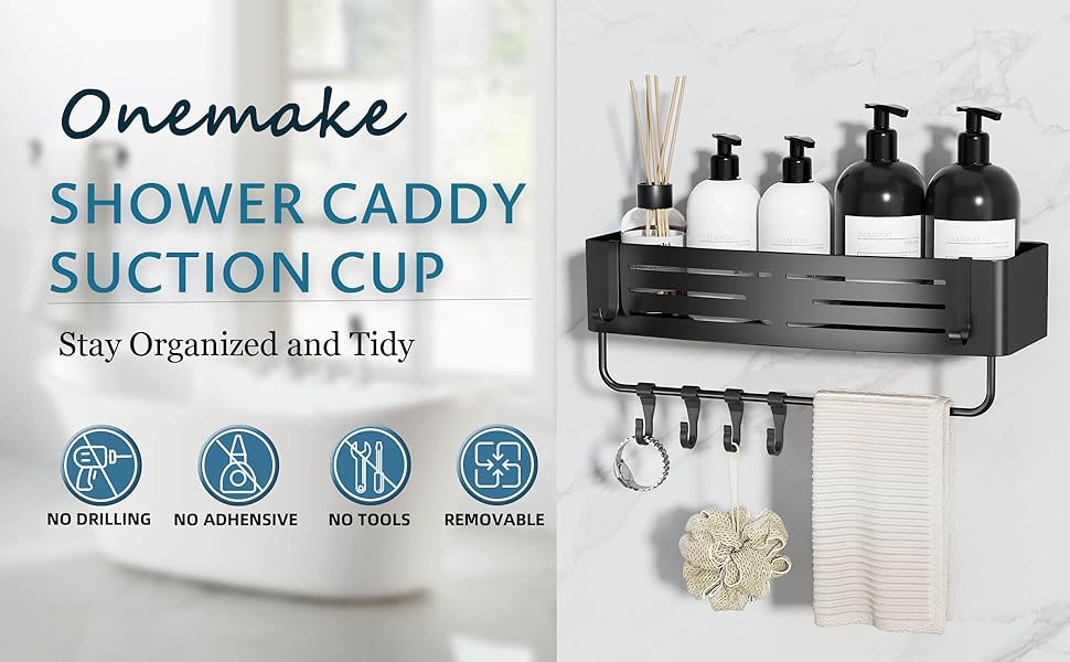 Поличка для душу Onemake з присосками, регульована, з гачками та рушниковою перекладиною, органайзер для ванної кімнати, матовий чорний, 1 шт.