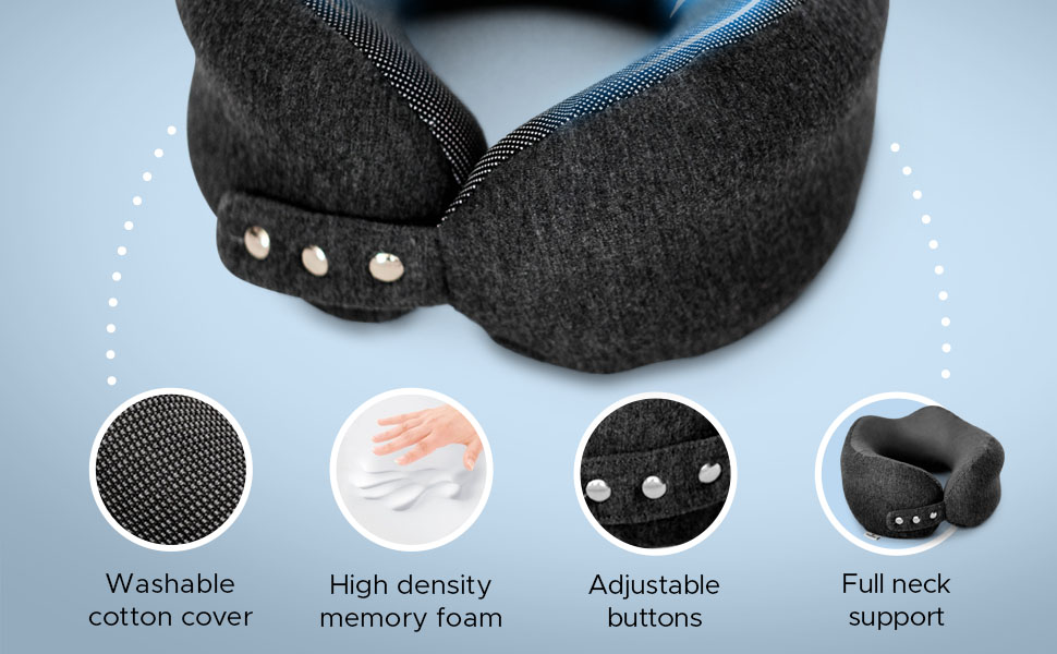 Подушка для шиї SnoozEasy™ для дорослих | Подушка для подорожей на літаку з memory foam | Регульована подушка з маскою для очей, навушниками, сумкою та карабіном | Бренд UK