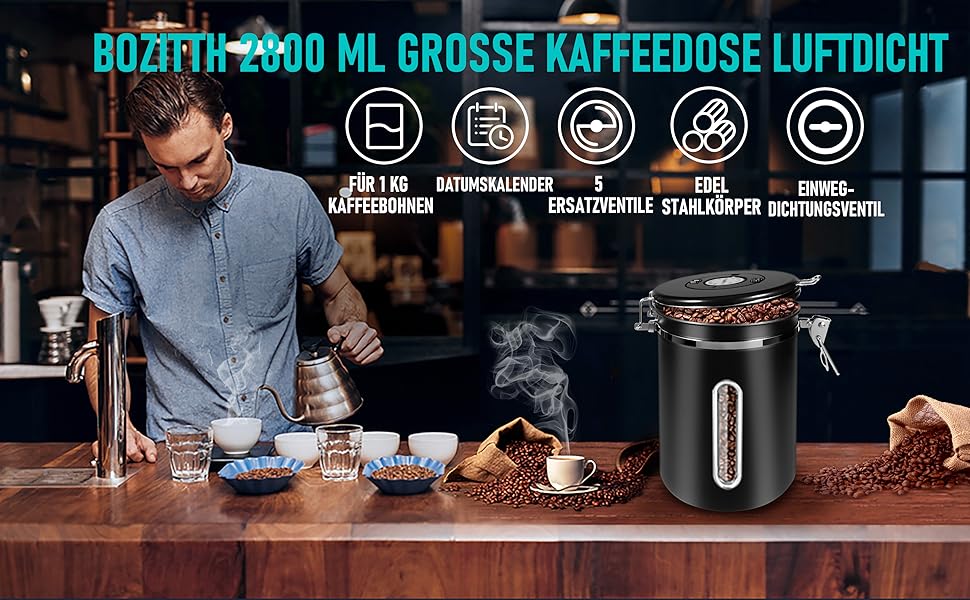 Герметичний контейнер для кави 1 кг: нержавіюча сталь, вікно, датчик дати, мірна ложка 30 мл, CO₂-вентиль, для кавових зерен, чаю, цукру