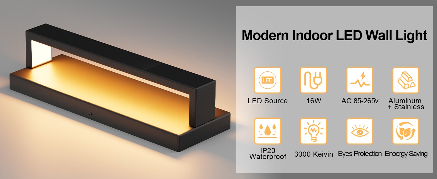 Klighten LED стінна лампа 16W, чорна, для дому, тепле світло 3000K, з алюмінію та нержавіючої сталі