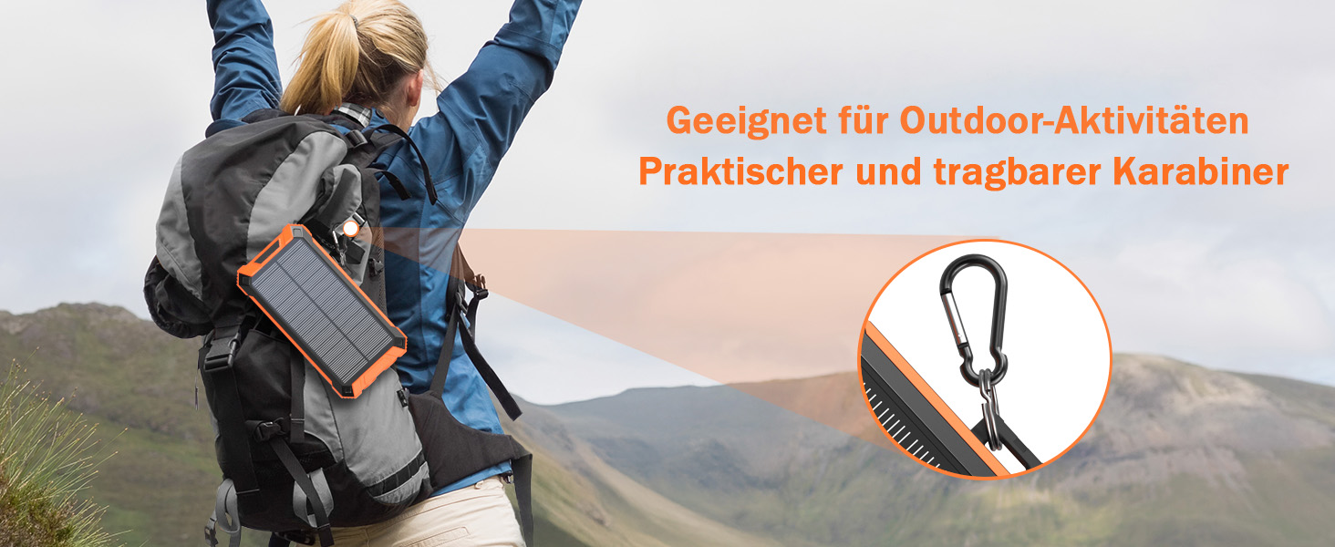 Power Bank Solar GOODaaa 26800mAh з 6 виходами, 4 входами, 15W, для мобільних пристроїв, з ліхтариком та карабіном (Оранжевий)