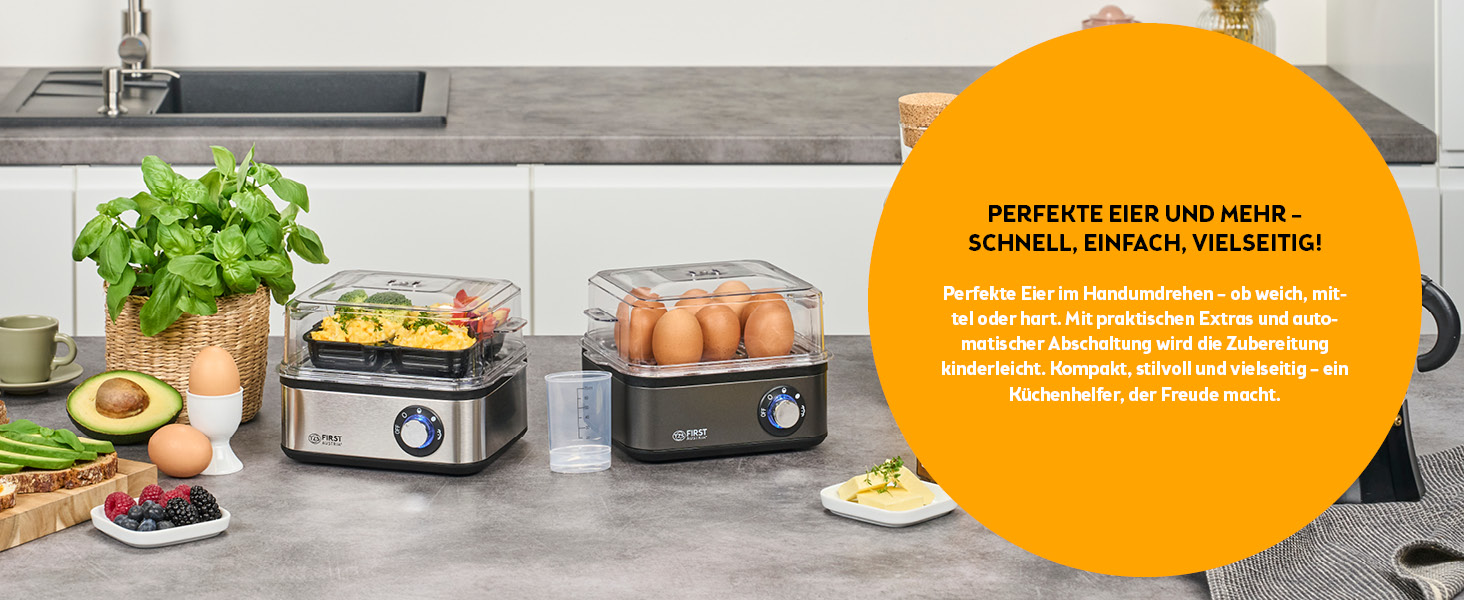 Яйцеварка First Austria TZS Grey - 8 яєць, 4 режими, функція приготування на пару, автовимкнення, захист від перегріву, мірна склянка та формочки для яєць
