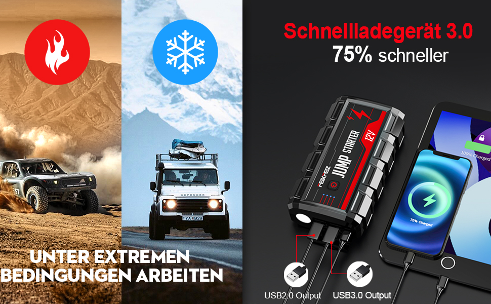 Powerbank Starthilfe 6000A: Зарядний пристрій для автомобіля 26800mAh, 12V, для бензинових та дизельних двигунів (до 10.0L), з LED ліхтариком та USB3.0 виходом