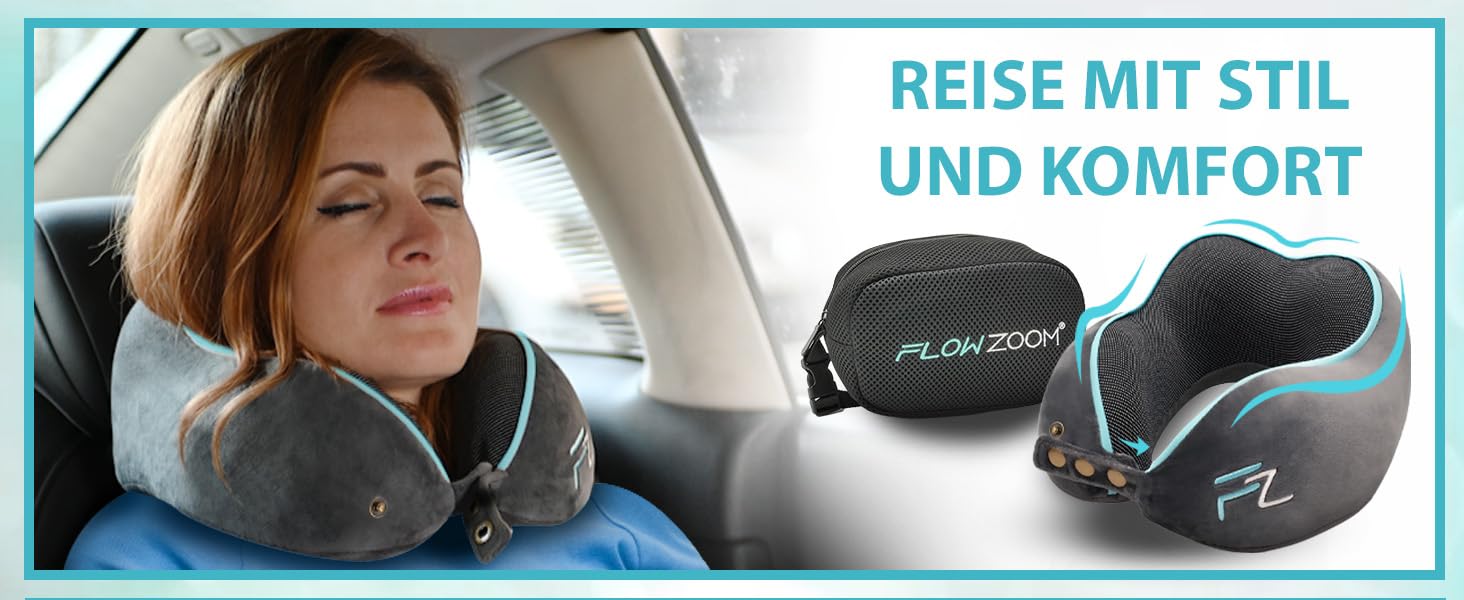 Подушка для шиї FlowZoom Comfy: регульована, з memory foam, для подорожей (літак, авто)