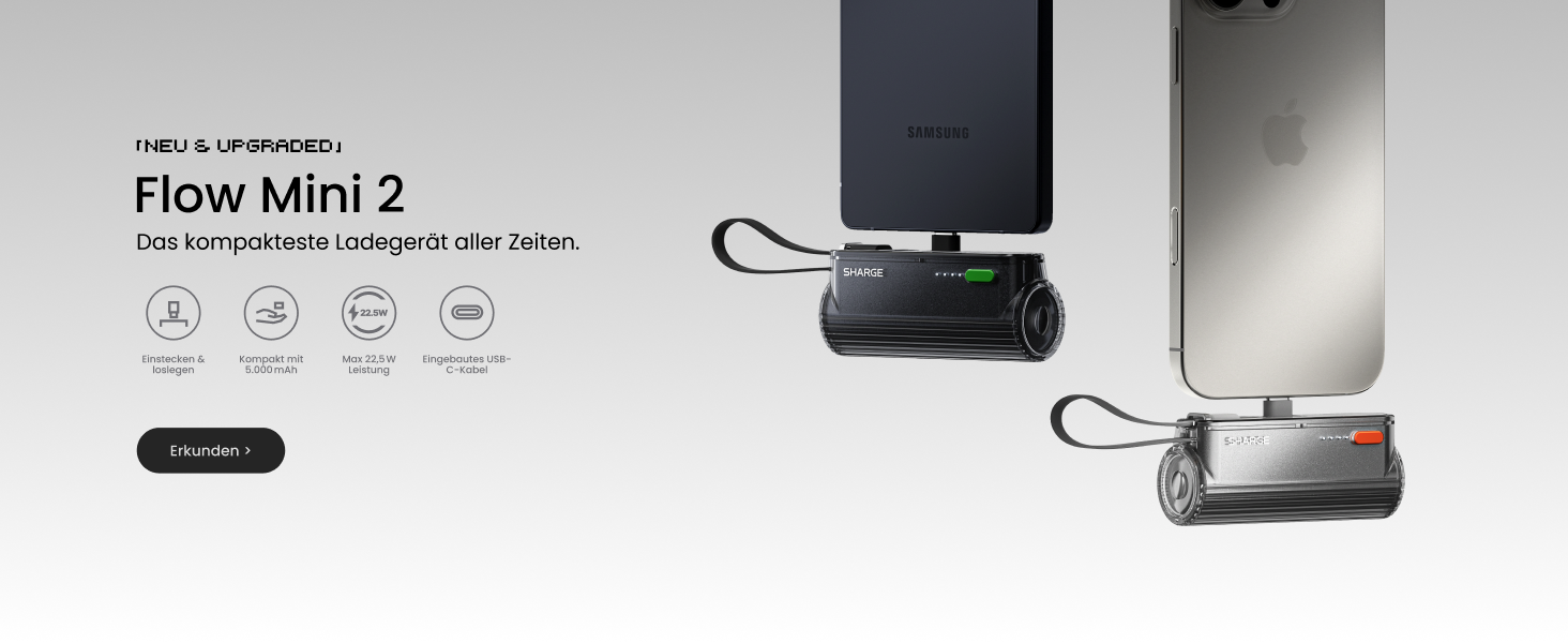 Power Bank SHARGE Flow Mini 2 22.5W: Компактний павербанк з інтегрованим кабелем для iPhone та Galaxy