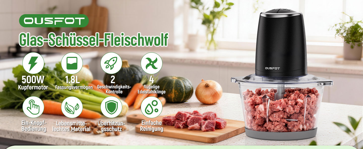 Електричний подрібнювач OUSFOT Multizerkleinerer, 1.8L, 500W, з скляною чашею. Підходить для овочів, фруктів, м'яса. Чорний.