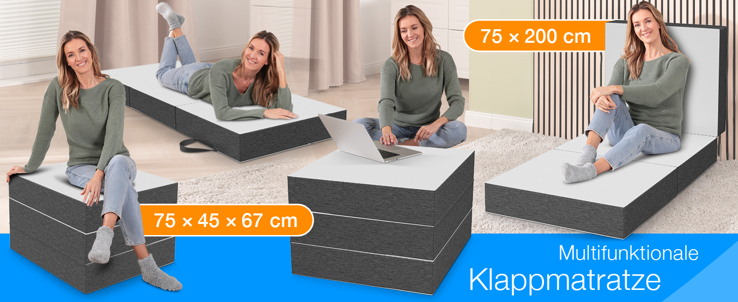 Складаний гостьовий матрац ELONEO Premium Visco 75x200 см, висота 15 см, ортопедичний, для подорожей, сірий/білий, знімний чохол, праний