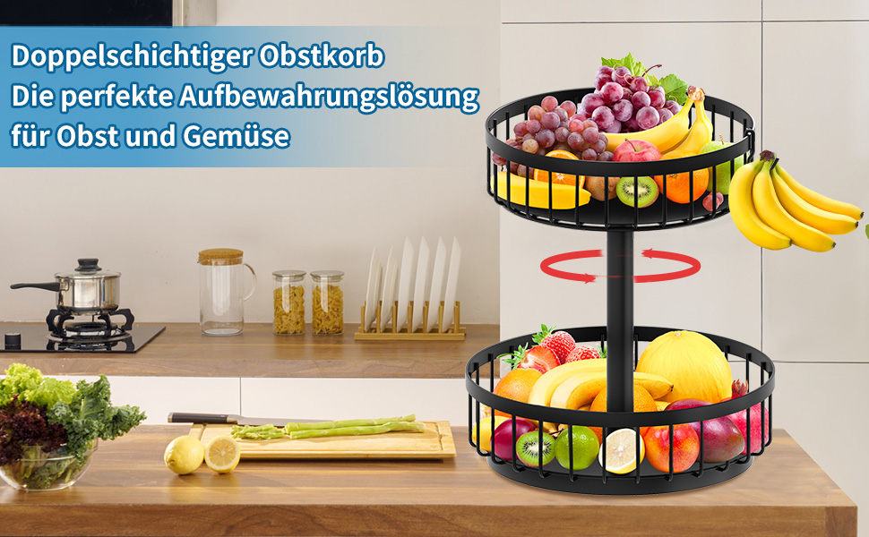 ZDDLOINP Обмежувач для фруктів та овочів, чорний, 2 яруси - органайзер для зберігання, велика фруктова корзина, етажерка для кухні, зберігає фрукти та овочі свіжими