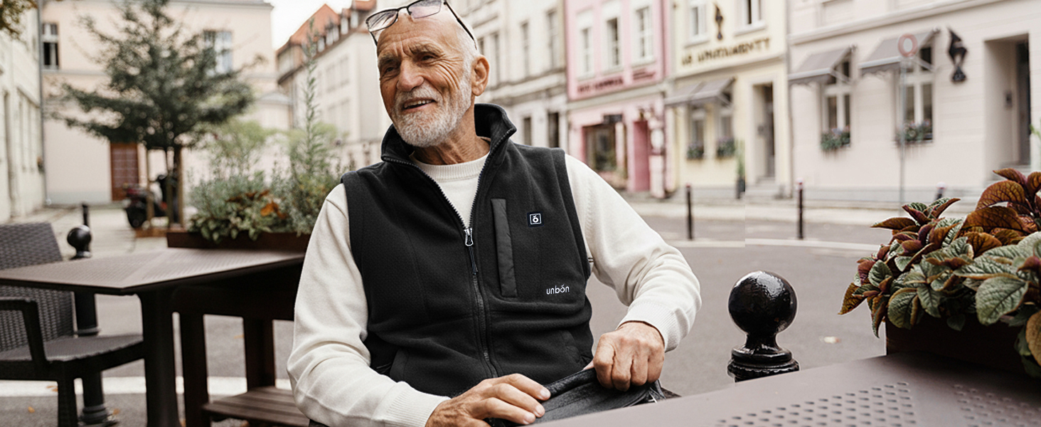 UNBON Грівальна жилетка для чоловіків, флісова жилетка з підігрівом, Powerbank 10000mAh, USB, 3 режими нагріву, 6 зон нагріву, чорний