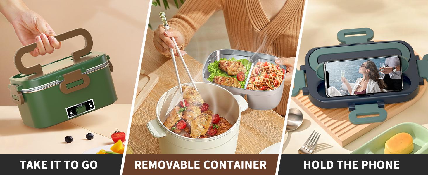 Електрична ланчбокс SOOOEC 100W, 3-в-1 з нержавіючою сталі, 12V/24V/220V для авто/офісу, з ізольованою сумкою (Оранжево-Чорний), 1.8L