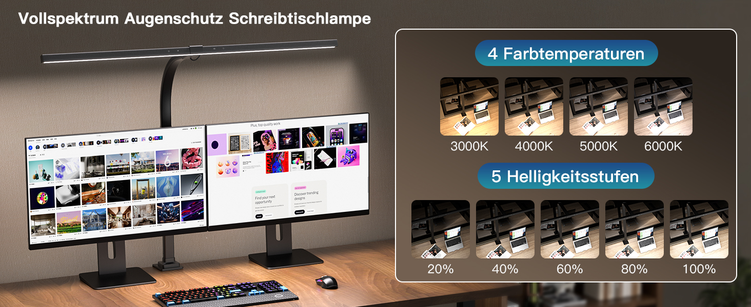 LED лампа настільна з авторегулюванням яскравості, 80 см, кріплення-прищіпка, регулювання колірної температури, захист для очей, денне світло, таймер, матовий чорний