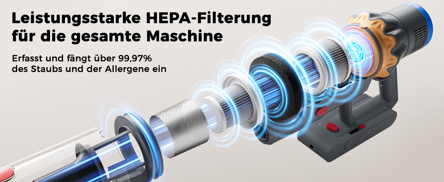 Бездротовий акумуляторний пилосос з дисплеєм та LED-підсвіткою, 58000Pa, Anti-Tangle-щітка, самостійна парковка, зарядка від стіни (блакитний)