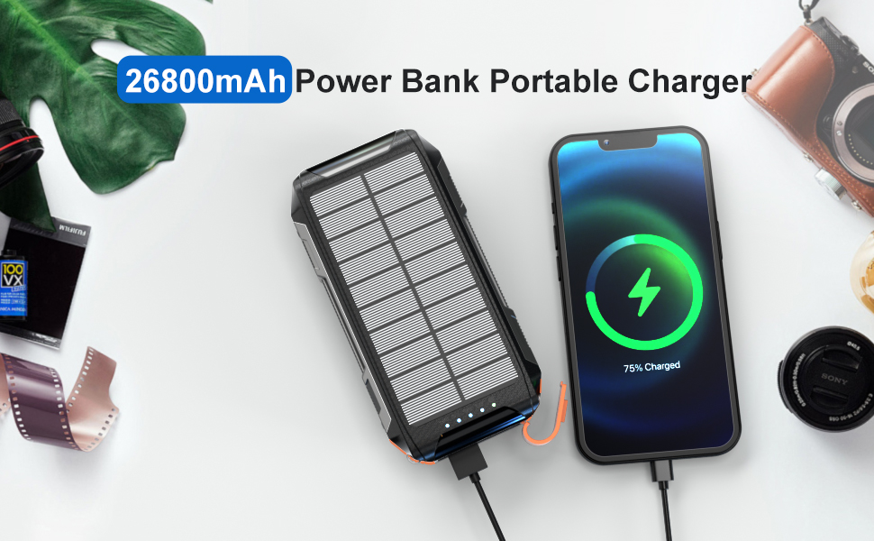 Сонячний Power Bank 26800mAh з 4 кабелями, 30W, Магнітний, USB-C, 7 портів, Ліхтар, для телефону, планшета, кемпінгу