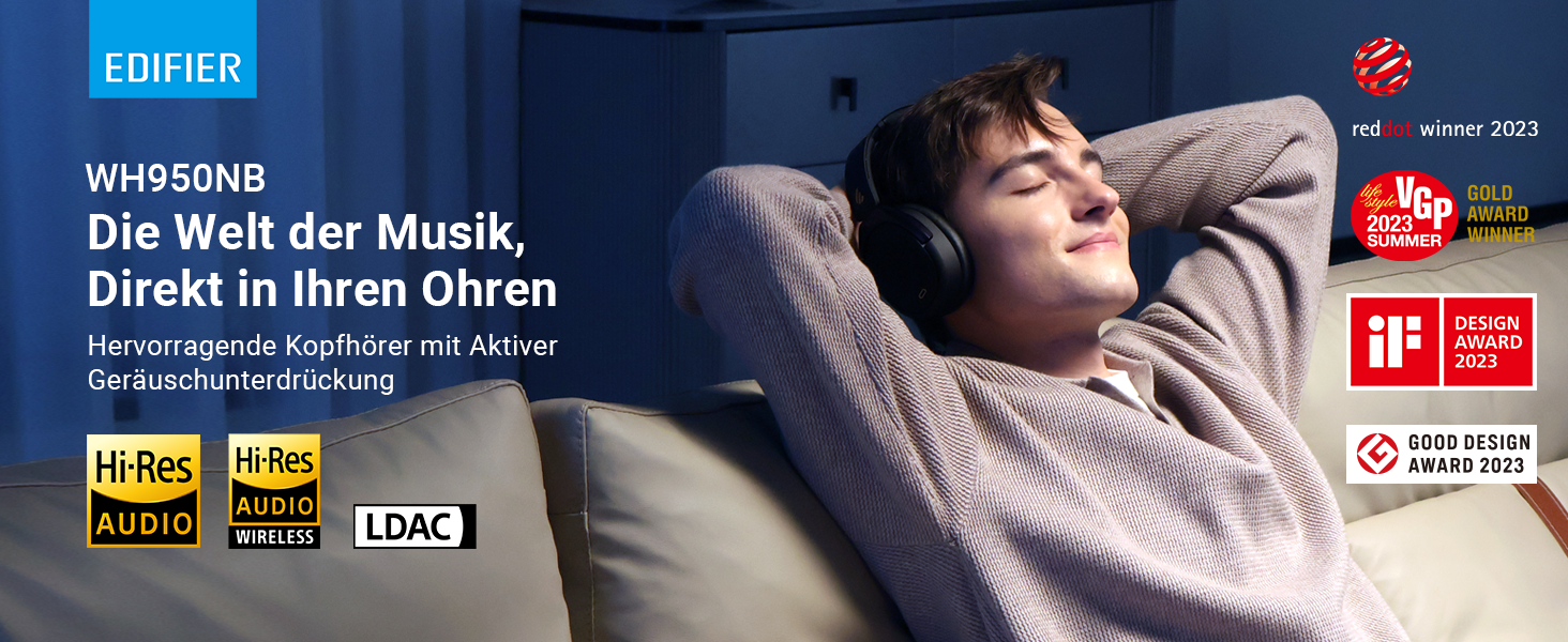 Edifier WH950NB: Бездротові навушники з активним шумозаглушенням, LDAC, Hi-Res Audio, Bluetooth 5.3, 55 годин роботи, чорний