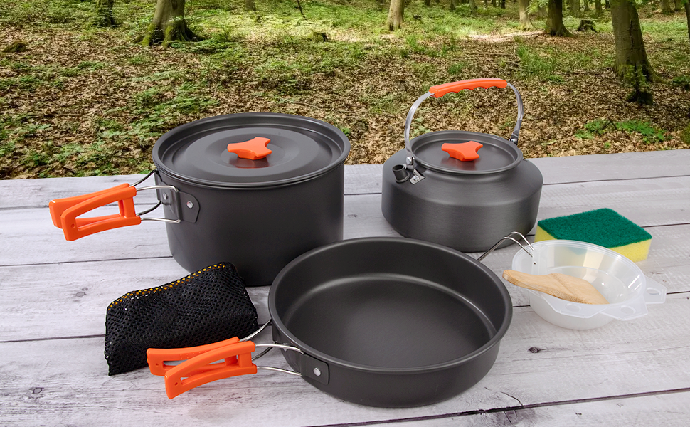 Набір кухонного посуду для кемпінгу: каструля, сковорода, чайник для пікніків, походів та риболовлі