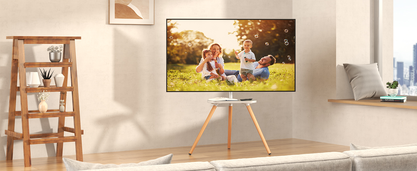 Adjustable TV Stand for 43-65 inch TVs - White Wooden Base with VESA 400x400 Support (35kg Capacity)