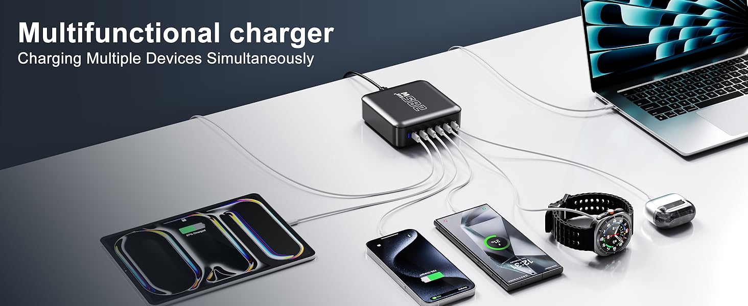 Зарядний пристрій USB-C GaN 285W, 6 портів: Швидка зарядка PD+QC для ноутбуків, MacBook, iPhone 16, Galaxy S23 та інших