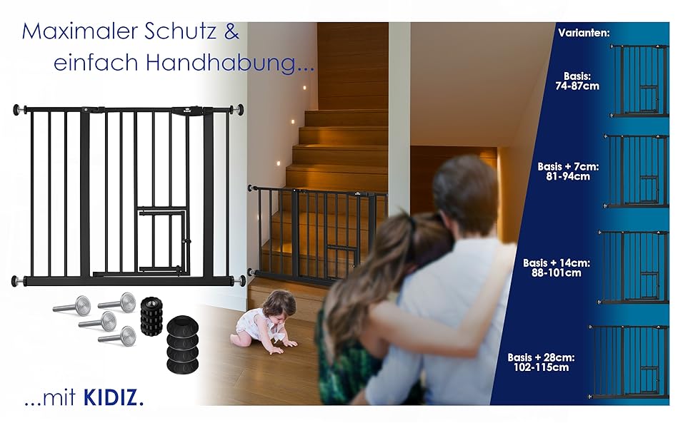 Захисне ворота KIDIZ для котів з люком, захист для дверей, ворота на сходи для дітей без свердління | Зупинка 90°, поворотні, білий колір, ширина (88-101 см)