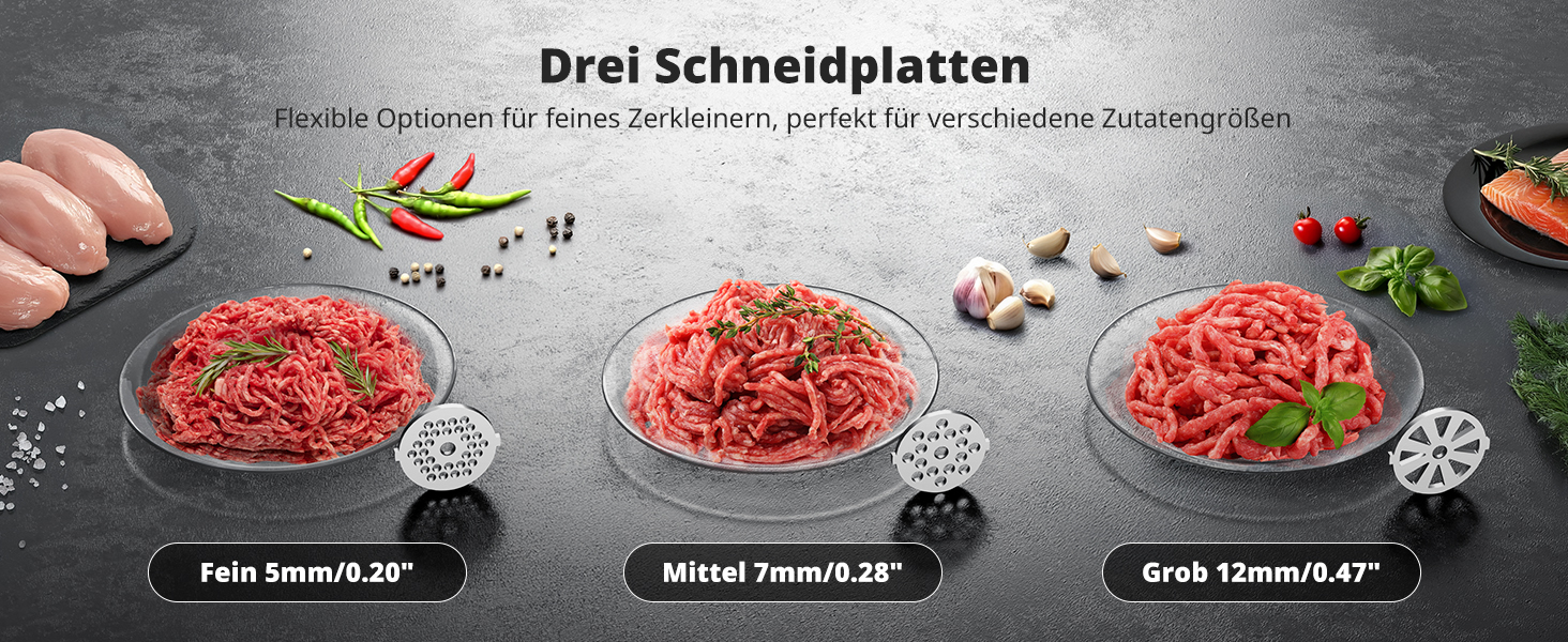 М'ясорубка електрична AIRMSEN з насадкою для ковбас, 2 сталеві ножі, 3 диски, насадка Kubbe, потужний мотор, нержавіюча сталь