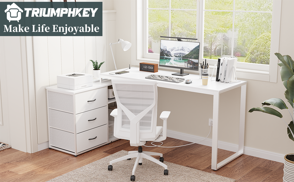 TriumphKey L-Shaped Desk with 3 Drawers & Storage, 140 x 105 x 75 cm - Reversible Corner Desk with USB Charging Ports & Power Outlets, White
