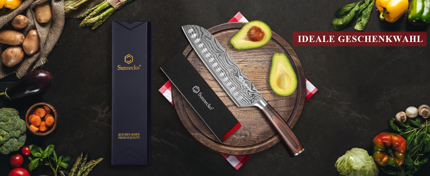 Японський ніж Sunnecko Santoku 17см - професійний кухонний ніж для приготування їжі, ніж шеф-кухаря, ніж для овочів та м'яса
