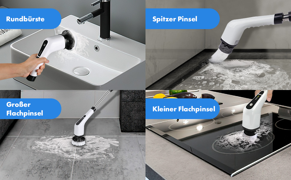 Електрична щітка для чищення OSDUE з 7 насадками, бездротова, водонепроникна IPX7, для ванни та плитки, з регульованою ручкою 137 см, біла