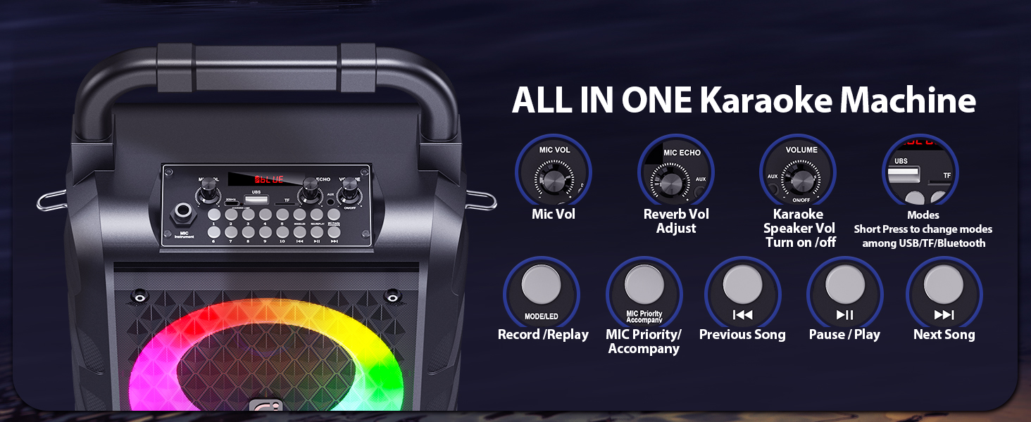 Караоке машина HWWR з 2 бездротовими мікрофонами, Bluetooth колонкою, PA-системою для дому та вечірок. Підтримка TF/USB, AUX, чорний колір