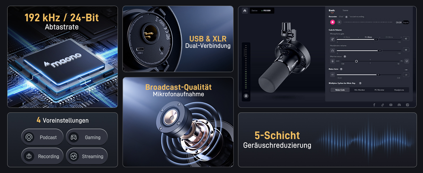 MAONO PD300X: USB-мікрофон для подкастів та запису звуку, XLR, динамічний, шумозаглушення, 192kHz-24Bit