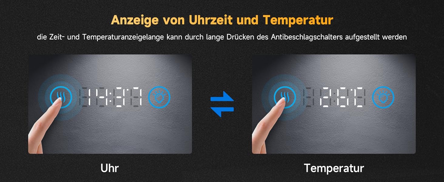 Дзеркало для ванної кімнати SONNI з підсвічуванням 80x60 см, 3 кольори світла, проти запотівання, LED, сенсорна кнопка, годинник, температура, 3-кратне збільшення