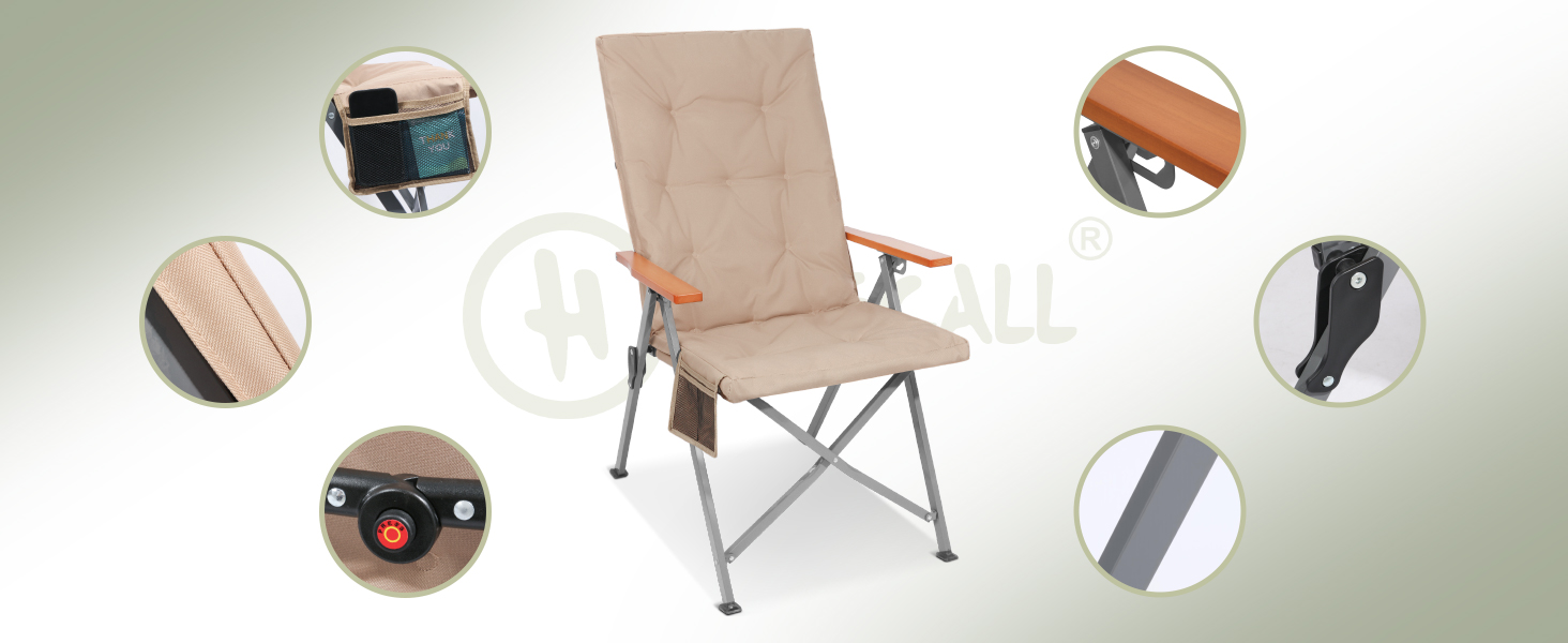 Крісло для кемпінгу Homecall, розкладне, 50 кг, висока спинка, люкс, 3 положення, з м'яким сидінням, для риболовлі, саду, балкону, автодому (Хакі)