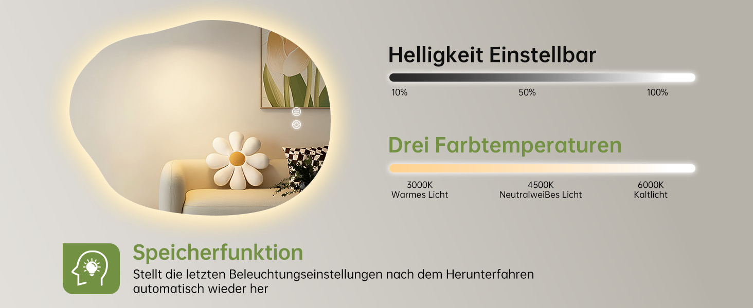 Дзеркало для ванної кімнати з підсвічуванням, арочне, без рами, 50x75 см. Антизапарник, сенсорне управління, регулювання яскравості, 3 кольори світла
