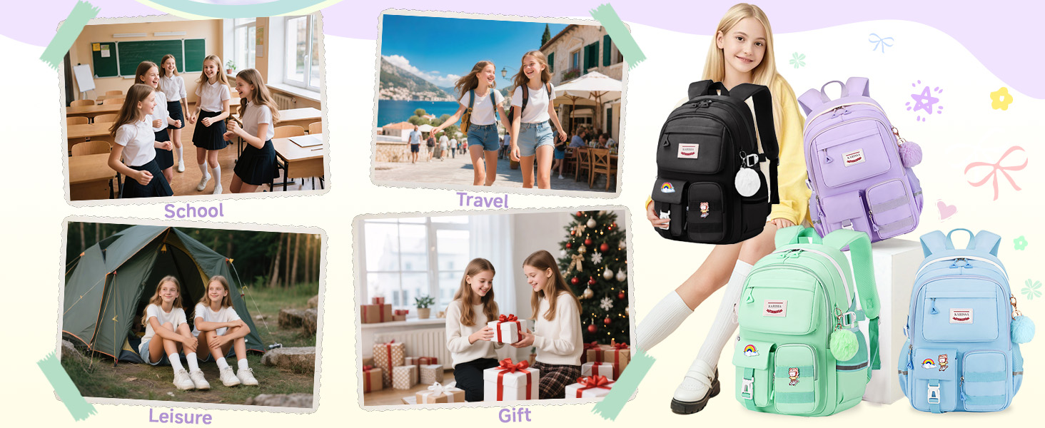 Шкільний рюкзак Tanou для дівчаток-підлітків, 9-16 років. Великий, водонепроникний, з брелоком (чорний)