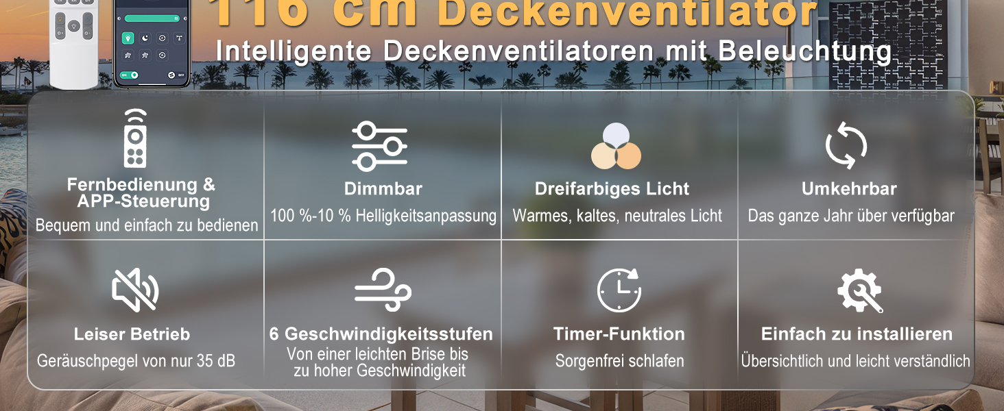 Стеляний вентилятор Ohniyou з підсвіткою та пультом дистанційного керування, 117 см, керування через додаток, регулювання яскравості, тихий DC-двигун, для спальні, тераси, кухні, чорний