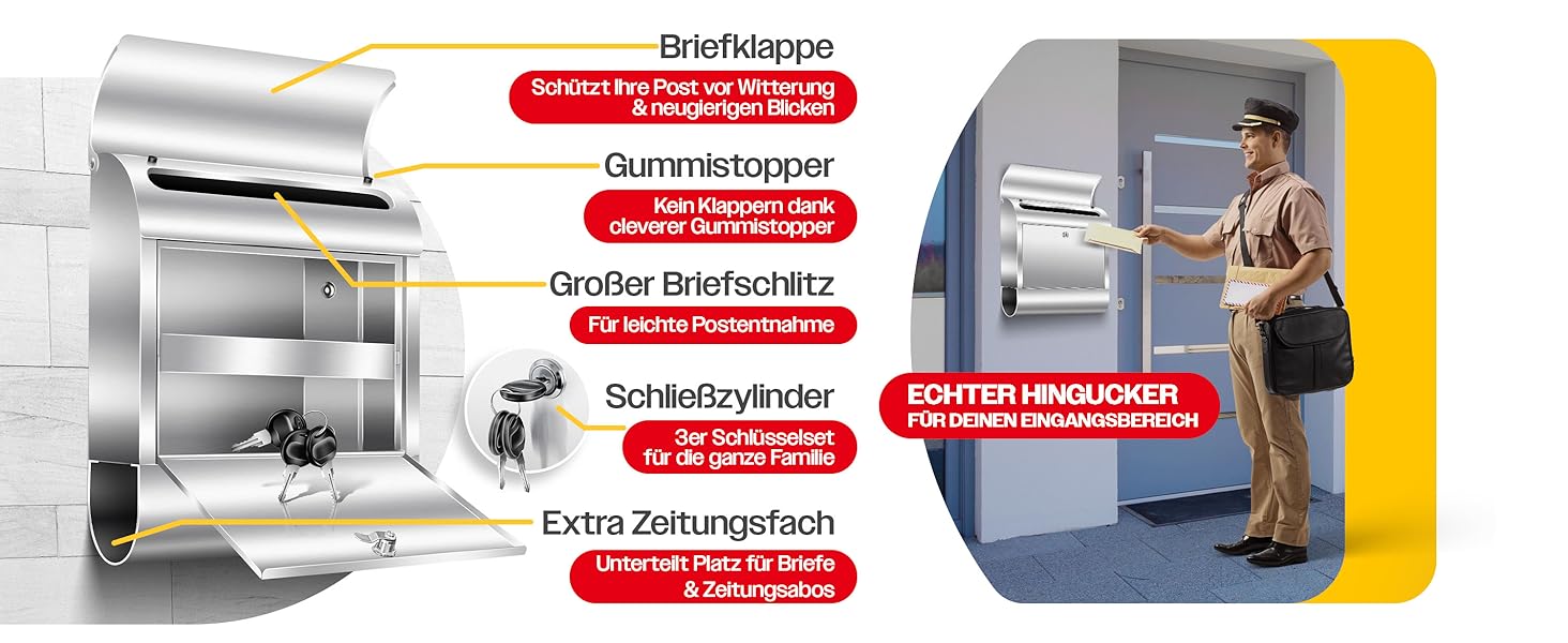 Поштовий ящик настінний KESSER® XXL нержавіюча сталь срібний з газетницею, замок + 3 ключі, вологостійкий, порошкове покриття