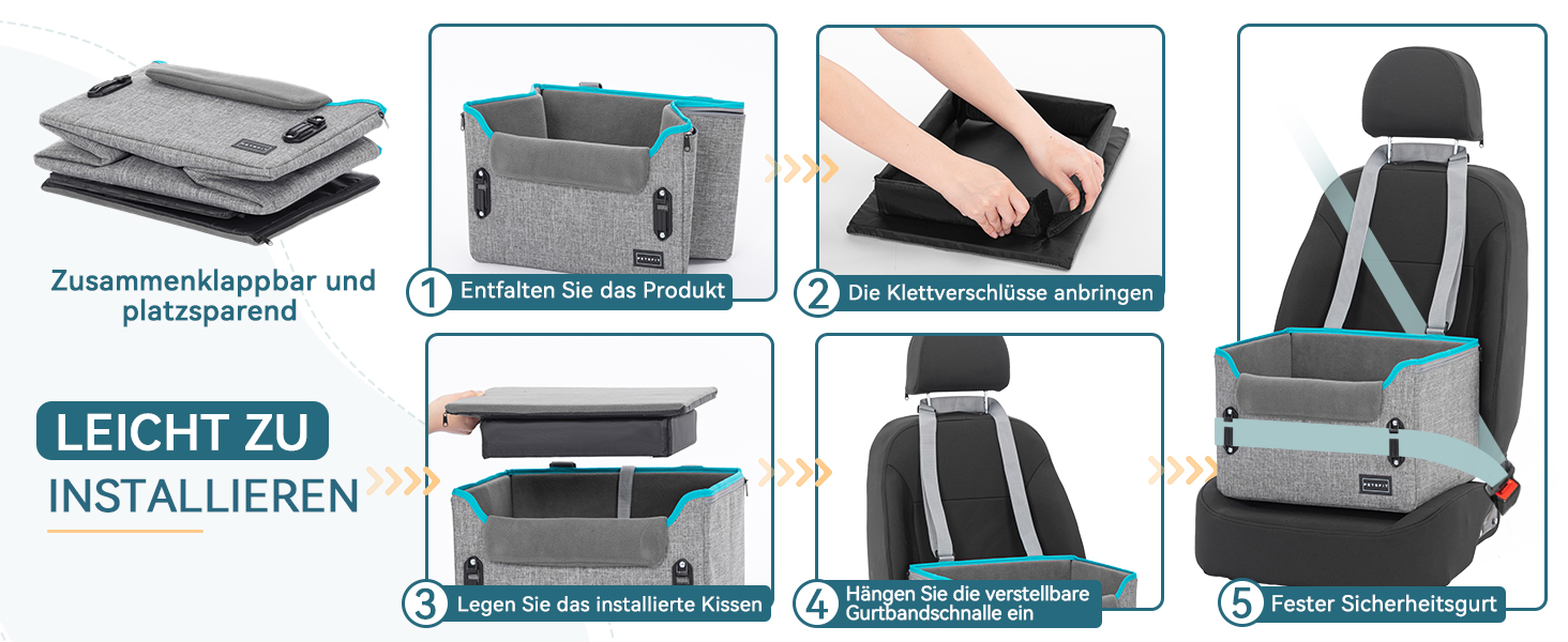 Автомобільний лежак для собак Petsfit - сірий, з кріпленням для безпеки та знімним килимком