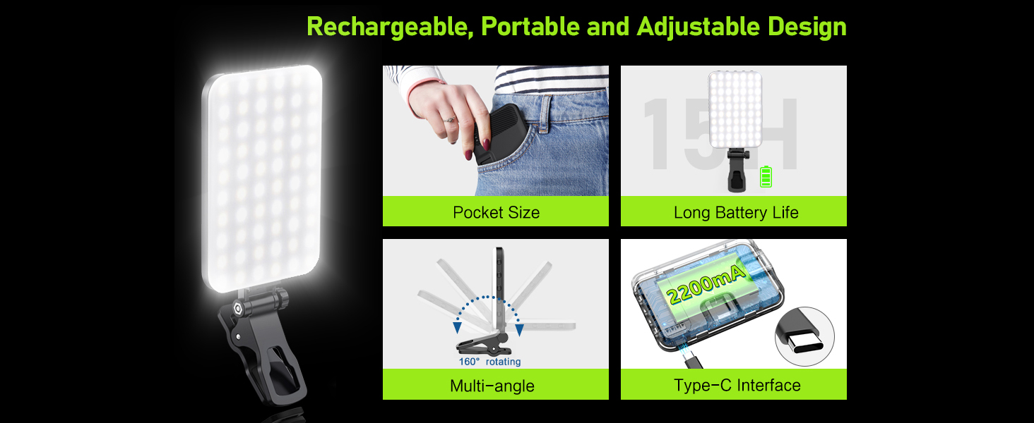 LED світло для селфі: портативна світлодіодна лампа для телефону, планшета, ноутбука з 60 світлодіодами, 7 режимів, регулюванням яскравості та акумулятором 2200mAh